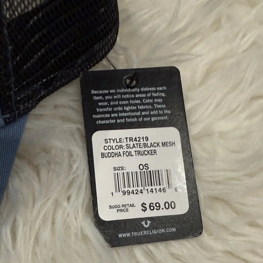 NWT True Religion Blue and Black Logo Trucker Hat